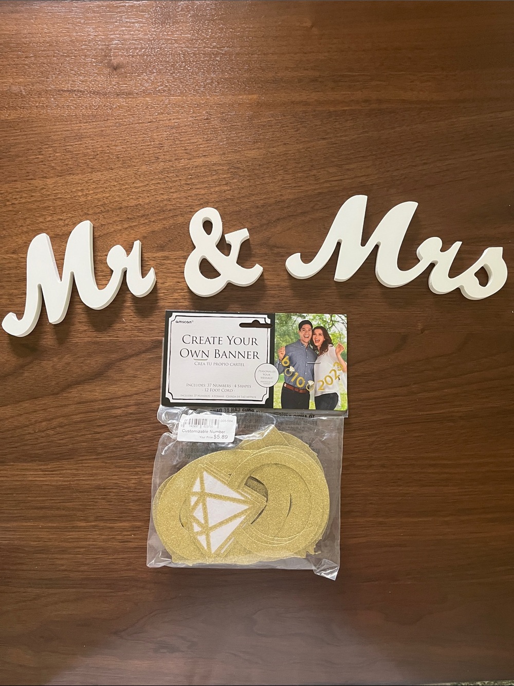 Mr & Mrs Display & Gold Glitter Wedding or Party Date Create Your Own Banner